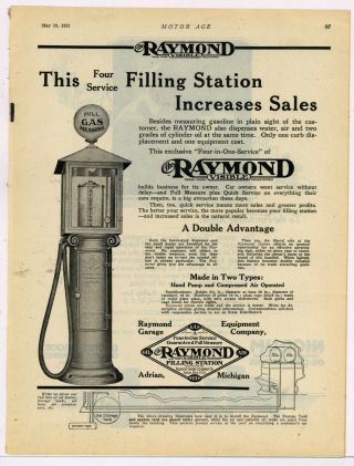1921 Raymond Garage Equipment Ad: Visible Gas Pumps - Adrian,  Michigan