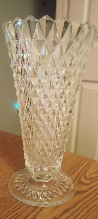 Vintage Crystal Cut Glass Flower Vase Diamond Pattern 8 Inches Tall