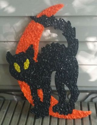 Vtg Melted Plastic Popcorn Halloween Decoration Black Cat Crescent Moon 18 "