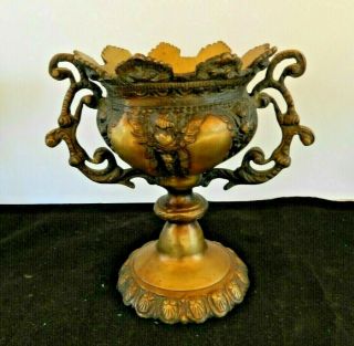 Antique Very Ornate Solid Brass Hand Crafted Urn With Cherubs From Italy