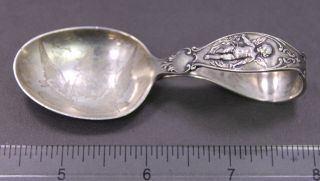 Antique Sterling Silver Curved Handle Baby Spoon: Cherub / Witch On Goose Rds142
