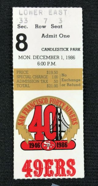 San Francisco 49ers Ticket Stub Dec.  1,  1986 Jerry Rice Td Rec.  & Rush Game