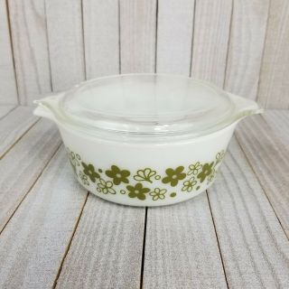 Vintage PYREX Spring Blossom 472 Casserole Dish w/Lid - Crazy Daisy Green White 2