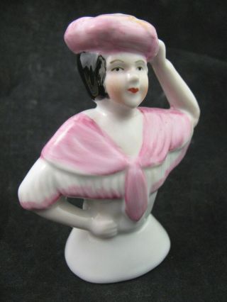 Vintage Porcelain Half Doll Pin Cushion Lady Figurine With Pink Hat And Shawl 4 "