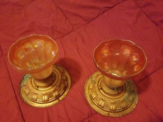 Vtg Set Of 2 Marigold Carnival Iridescent Glass Lamp Shades Fixtures