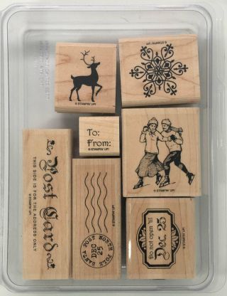 Stampin Up Wood Mount Winter Post Vintage Skaters Post Card Reindeer Christmas
