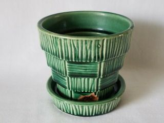 Vintage Mccoy Pottery Dark Green Basket Weave 3 1/8 " X 3 1/4 " Flower Pot Planter