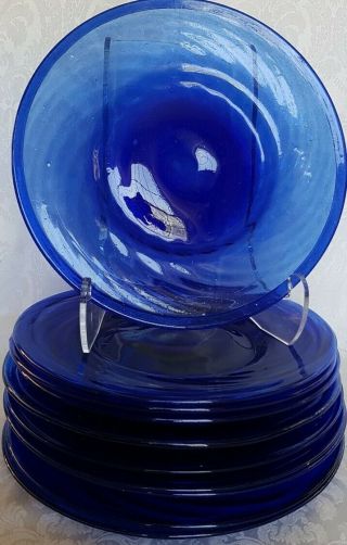 (11) Antique Cobalt Blue Hand Blown Art Glass Swirl Folded Rim Dinner Plates