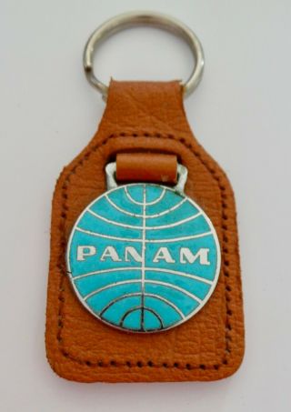 Vintage Pan Am Airlines - Enamel And Leather Keyring / Fob