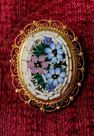 Vintage Italy Italian Micro Mosaic Brooch Pin Flowers On Blue Gold Tone
