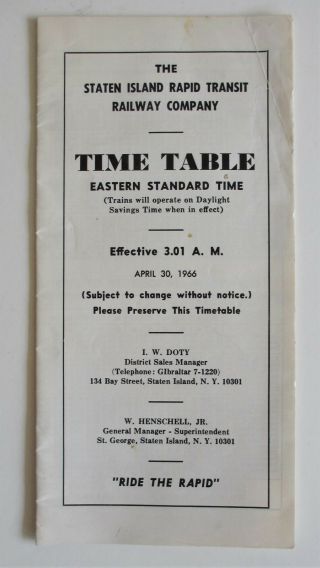 Vintage 1966 Staten Island Rapid Transit Sirt Timetable York City