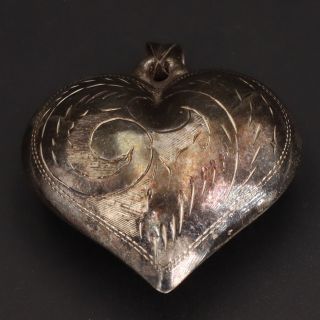 Vtg Sterling Silver - Etched Filigree Puffy Heart Love Solid Pendant - 11g
