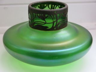 Antique Loetz Iridescent Green Glass Vase - Water Lily Metalwork,  Gorgeous 1905
