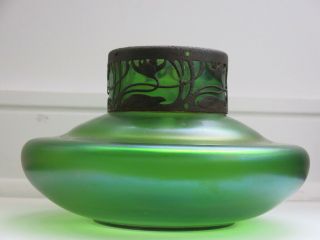 Antique Loetz Iridescent Green Glass Vase - Water Lily Metalwork,  Gorgeous 1905 2