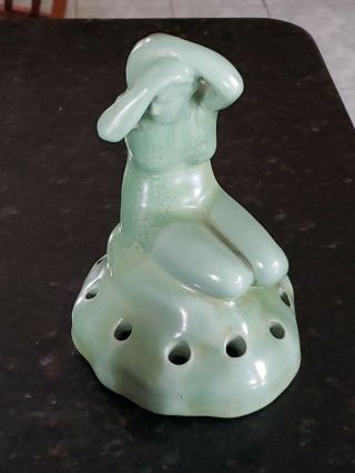 Nude Lady Art Deco Green Art Pottery Flower Frog Beautiful♡