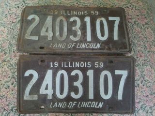 Illinois 1959 Vintage License Plate Classic Car Set Of 2 Number 2403107 Man Cave