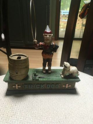 Vintage Trick Dog Cast Iron Mechanical Bank Clown Hoop Decorative Fun