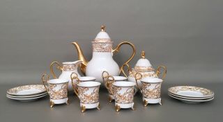 Vintage Chekoslovakian Design Demitasse Tea Set 6 Cups - Gold Plated - 17 Pc Set
