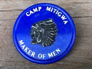 Vtg Bsa Boy Scouts Of America Camp Mitigwa Neckerchief Slide Plastic Blue