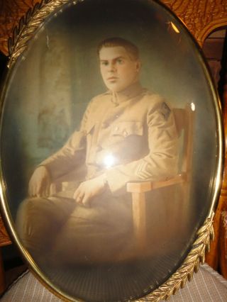 Antique Early 1900 Us Army Military Sargent Photograph Convex Bubble Glass Frame
