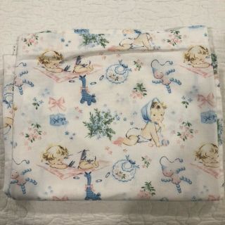 Vintage 1950s Crib Sheet Sleeping Baby Bonnet Baby Printed White Cotton 31 " X38 "