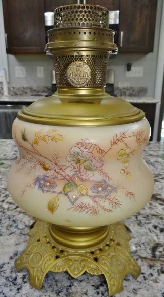 Aladdin Model 12 Hand Painted Lamp Brass Font Burner Oil Kerosene Vtg Antique
