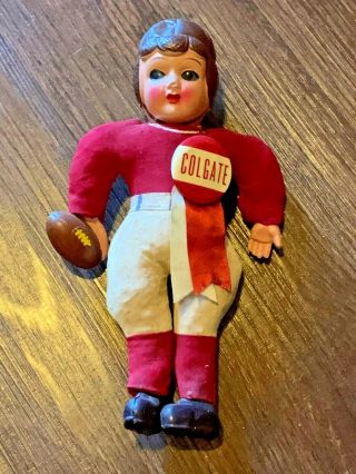 Vintage 1940s Colgate Red Raiders Celluloid Football Player Toy Doll & Button