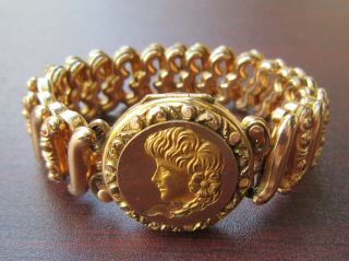 Antique Victorian Expansion Bracelet Gold Filled With Locket Of Female