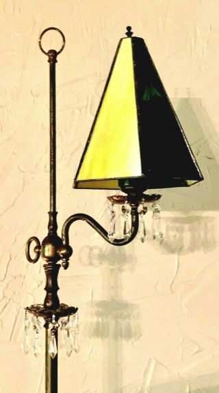 Vintage Mid Century Bridge Floor Lamp Adjust Arm Brass Leaded Glass Shade Prisms