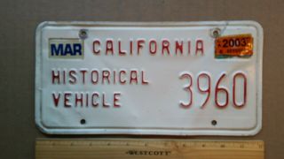 License Plate,  California,  Printed,  2003,  Historical Vehicle,  3960