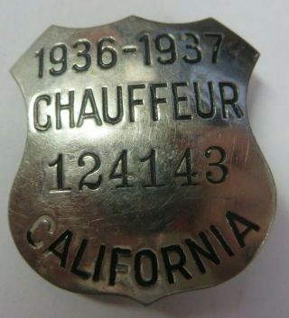 Vintage 1936 State Of California Licensed Chauffeur Badge No.  124143 Driver Pin