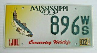 Mississippi Conserving Wildlife Fish License Plate " 896 Ws " Ms Fishing