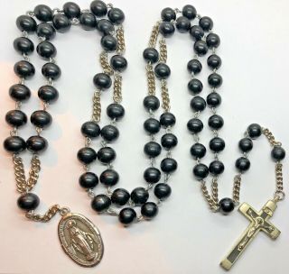 † Nun Antique Black Wooden Beads Habit Rosary - Brigittine Crown †