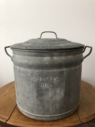 Huge Vintage Galvanized Metal Pail/bucket With Lid Marked Aema 38