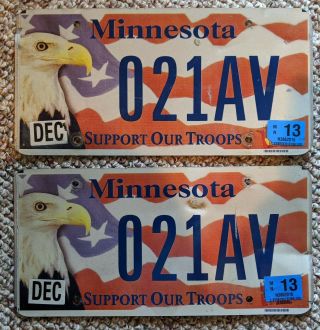 Minnesota License Plate Optional Issue Support Our Troops 2013 Pair