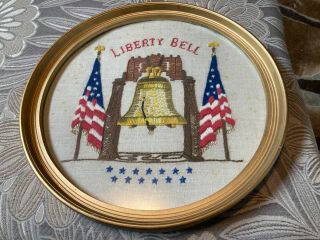Vintage Liberty Bell Finished Framed Crewel Embroidery 13 In Round 44 Years Old