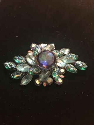 Judy Lee Vintage Brooch Pin Blue Teal Rhinestones Costume Jewelry