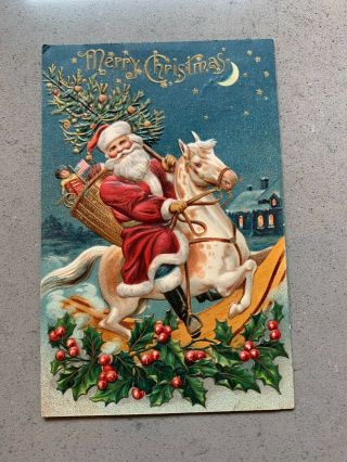 Christmas Vintage Postcard Santa On Rocking Horse With Toys & Tree