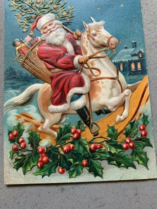 CHRISTMAS VINTAGE POSTCARD Santa on Rocking Horse with Toys & Tree 3