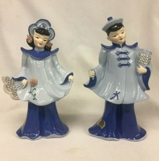 Vintage Florence Ceramics Pair Oriental Figurines California Blue Pottery