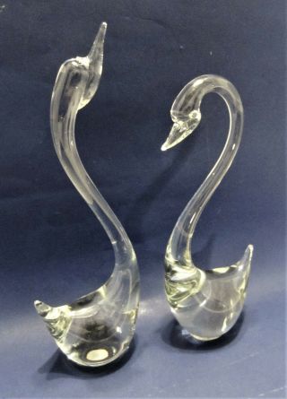Vintage Pair Art Glass Clear Crystal Swans 9 " & 10 " Tall