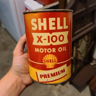 Vintage Shell X - 100 Motor Oil Can Quart Qt Metal Tin Empty