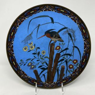 Large Vintage Chinese Cloisonné On Bronze Charger Plate King Fisher Bird Flowers