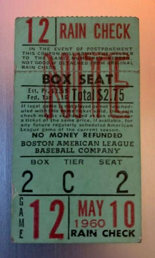 May 10,  1960 Boston Red Sox & Chicago White Sox Ticket Stub 9 - 7 Boston