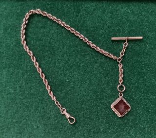 Antique Gold Filled Pocket Watch Rope Chain With Gf T - Bar And Red Intaglio Fob