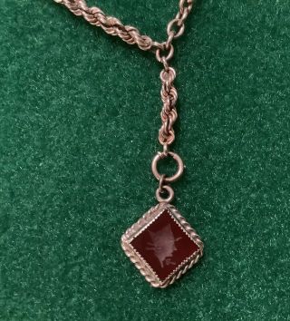 Antique Gold Filled Pocket Watch Rope Chain With GF T - Bar And Red Intaglio Fob 3