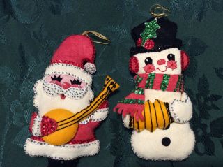 Vintage Large Felt Beaded Sequined Christmas Ornaments - Santa,  Snowman