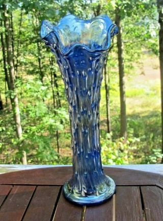 Fenton April Showers Antique Carnival Glass Iridescent Blue Vase Art Iridescent