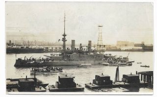 Vintage Uss Oregon Battleship Flanked By Harbor Boats,  5 - 3/8” Photographic Print