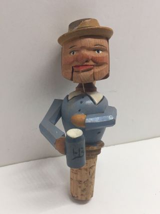 Vintage Hand Carved Mechanical Bottle Stopper/cork,  Man Drinking Mug Of Beer